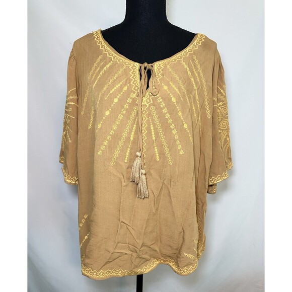 Floral Embroidered Tassel Tan Gold Yellow‎ Flowy Boho Blouse Top Women's Plus 1X - Picture 1 of 10